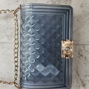 Elegant Quilted Jelly Bag with Gold Chain Gray Clear 80s Crossbody